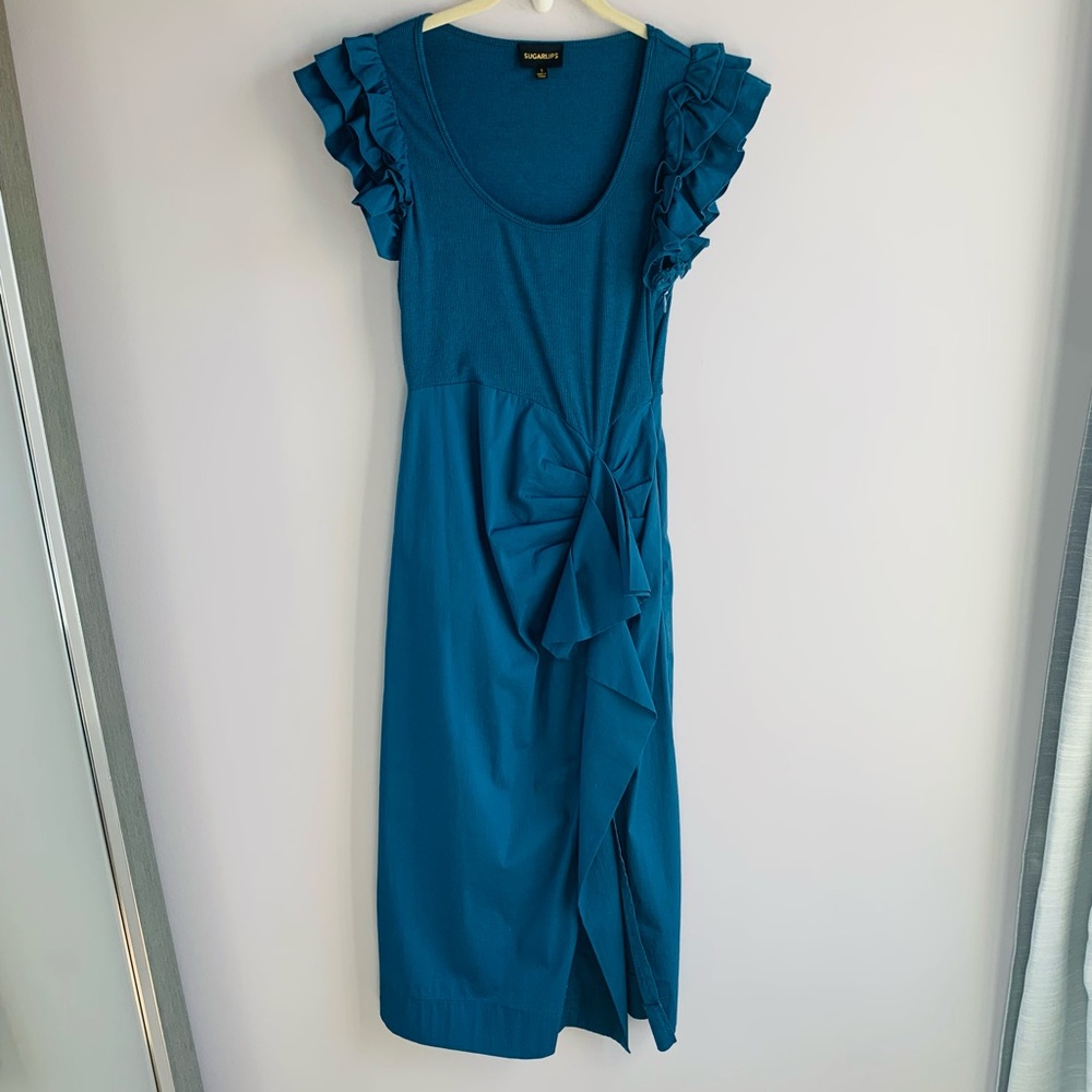 Sugar Lips Dress Teal Aqua Waterfall Ruffled Sleeves Midi Maxi Formal EUC Small